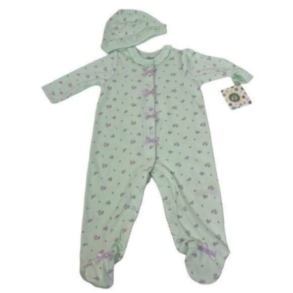 LITTLE Me Footies with hat light green floral full snaps size  6 Months - Picture 1 of 7